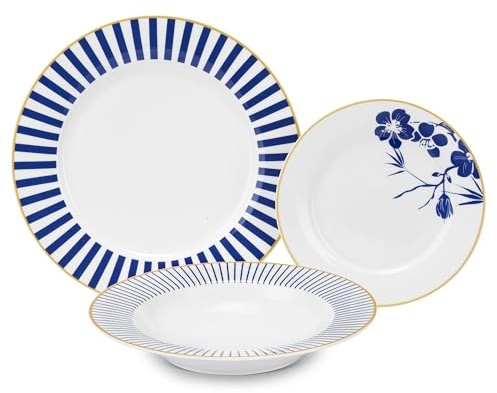 Fade Set 18 piatti servizio per 6 persone in porcellana a righe e fiori Bali, Glamour, moderno D23/D26/D20.5 cm