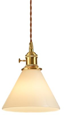 NICRX Suspension Vintage en Verre avec Cordon Réglable E27 – Luminaire Suspendu Rétro en Laiton pour Cuisine Salle à Manger Chambre Café Bar – Abat-jour Cône ou Cloche (Cône blanc)