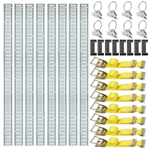 WUDLEP 24 Pcs E Track Tie-Down Rail Kit, 5FT Tracks Set Includes 8 Rails, 8 O-Ring Anchors, 8 Tie-Offs with D-Ring and 8 End Caps, Versatile Securing Accessories for Cargo, Motorcycles and Bikes