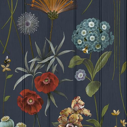SOPHIE LAURENCE Dark Blue Floral Wallpaper Beaded Wood Panel Effect Bee's Smooth Finish Lounge Feature