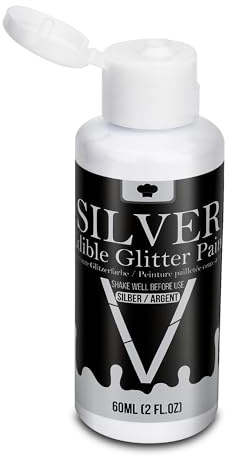 Flüssig Essbarer Glitzer - 60ML Lebensmittelfarbe Silber, Metallic Flüssiges Essbares Glitzerpulver für Getränke, Kuchen, Backen, Cocktails, Silbers Glitzer für Halloween Fondant, Torten Deko (Silber)