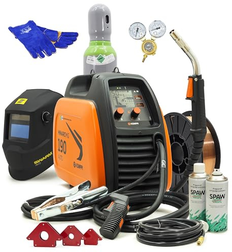 Kemppi MinarcMIG 190 Auto 190A - Kit complet MIG avec gants de soudage, aimant, fil 0,8 mm, casque, spray et bouteille de gaz Ar/CO2 de 8 litres - Soudage sûr et précis
