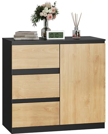 WLIVE Kommode mit 3 Schubladen 1 Tür, 80 x 75 x 40 cm, Schwarz Eiche | Schrank mit 2 Einlegeböden und 1 Tür, Für das Wohnzimmer Schlafzimmer, Modern Möbel, Sideboard