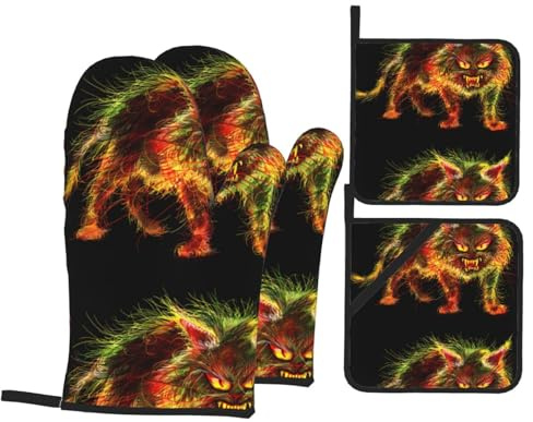 BROLEO Ensemble de pâtisserie de cuisine avec motif chat terrifié, gants de four, combinaison quatre pièces épaisse et isolée