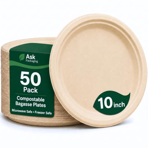 Strong Paper Plates (10inch - 50 Pack) – 100% Compostable Disposable Plates – Heavy Duty Natural Sugarcane Eco-Friendly Biodegradable Plastic Free Bagasse Party Plate – Microwave & Freezer Safe