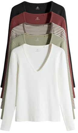 THE SET Mujeres Pack de 5 Camisetas de Manga Larga de canalé con Cuello de Pico Black/Light Khaki/Cream/Stripe/Brown S