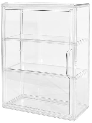 3 Stöckig Acryl Vitrine für Figuren Sammlerstücke Schaukasten Klein mit Magnetische Tür Staubdichte Stapelbare Transparent Sammlervitrine für Blind Box Puppen Modellautos Spielzeug Kosmetik 36x27x14cm