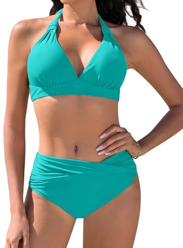 Vijamiy Costume Donna Due Pezzi Costumi da Bagno Bikini Mare Push Up Bikinis Top Imbottito Reggiseno Costumi(Verde Acqua,L)