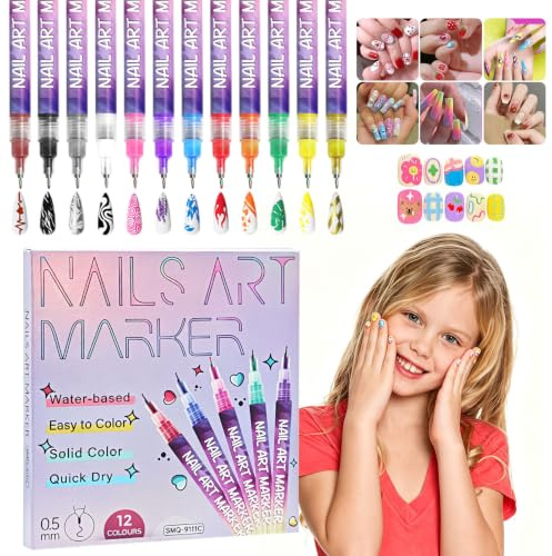 Nail Art Pens,12 Colors Art Markers for Painting Nails, Fingernail Doodle Paint Set for Kids, Gel Nail Polish Graffiti Pens Quick Dry