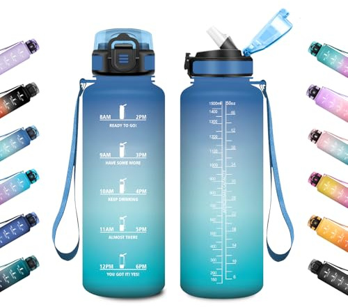 JAPORIA Gourde 1.5L, Bouteille Motivation avec Paille et Marqueur de Temps, Anti-Fuite, Réutilisable, Légère, pour Pilates, Gym, Trekking