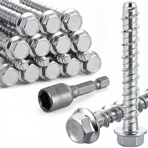 20 tornillos para hormigón sin tacos, M6 x 60 mm, cabeza hexagonal, tornillo para hormigón galvanizado con arandela, tornillos de pared con llave hexagonal para mampostería, hormigón, arquitectura