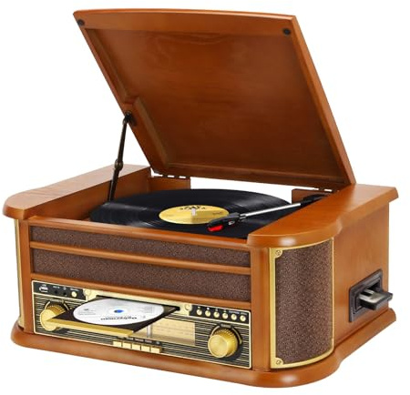 9-i-1 Bluetooth-skivspelare, Am/FM-radio, CD-spelare och kassett, USB-uppspelning, fjärrkontroll, inbyggda högtalare, vintage skivspelare