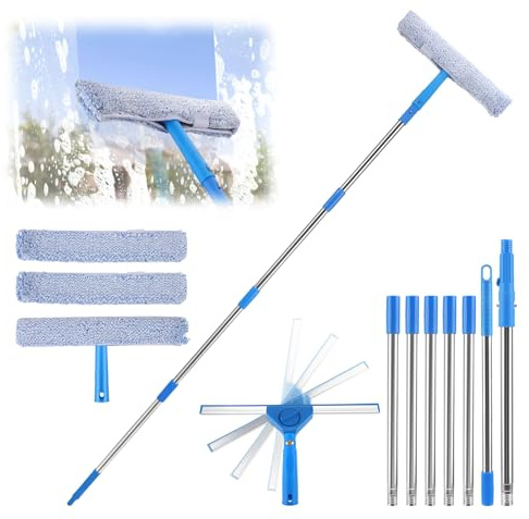 Limpiacristales con Mango Extensible Largo 300cm, Limpiador de Ventanas Set | 2 en 1 Cabezal Giratorio y Estropajos de Recambio para Ventanas Altas en Exterior y Hogar