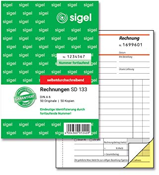 SIGEL SD133 Rechnungen fortlaufend nummeriert, eindeutige 7stellige Nummer wie vom Finanzamt vorgeschrieben, A6, 2x50 Blatt, selbstdurchschreibend, mit Abheftlochung, Rechnungsblock