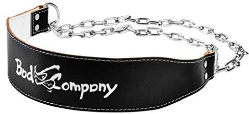 Bad Company Dip Gürtel aus Leder I Gewichtsgürtel mit Stahlkette und Karabinerhaken für das Oberkörpertraining I Gewichtsbelastung bis zu 100 kg I Schwarz