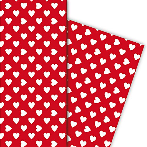 Kartenkaufrausch Romantisches mit großen Herzen Geschenkpapier Set für tolle Geschenk Verpackung, 4 Bögen, 32 x 48cm Dekorpapier, Musterpapier zum Einpacken, basteln, scrapbooking weiß auf rot