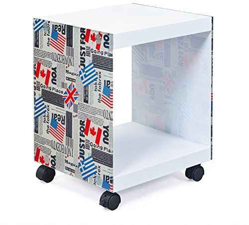 Inter Link - Beistelltisch - Nachttisch - Couchtisch - Auf Rollen - Flag Cube - Glas und MDF - Modern und praktisch - Weiß lackiert - 38 x 33,5 x 46 cm