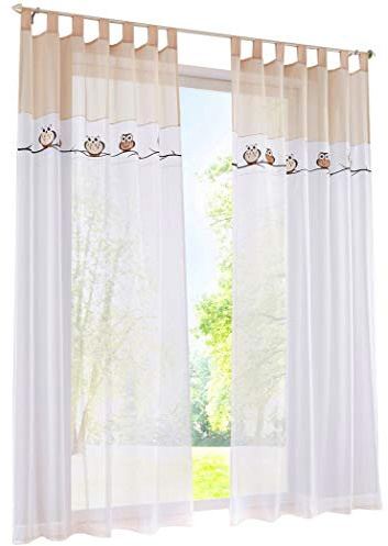 BAILEY JO 1PC Gardine mit Eule Stickerei Vorhange für Kinderzimmer Transparent Voile Vorhang (BxH 140x245cm, Sand mit schlaufen)