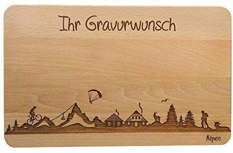 SNEG Brotzeitbrett Alpen Skyline | Frühstücksbrettchen aus Buche | Holz Schneidbrett | Geschenk mit Gravur | Frühstücksbrett (Standard (22x14x1cm), 2. mit persönlicher Gravur)