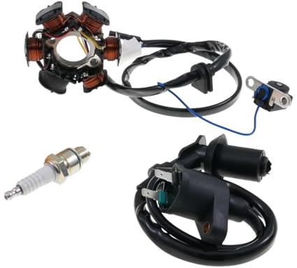 Lichtmaschine/Zündspule/Zündkerze kompatibel mit Peugeot Speedfight 1 2 | Set mit Stator, Pick-up, 3er Stecker; Zündspule 2-polig, Zündkerze BR7HS, 50ccm AC/LC, kompatibel mit Peugeot Buxy, TKR
