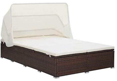 Tidyard 2-Personen-Sonnenliege mit Cremeweiß Auflage & Klappdach verstellbare Doppelliege Strandliege Relaxliege Rattanliege Balkonliege Terrasseliege Campingliege Chaiselongue Gartenmöbel Poly Rattan
