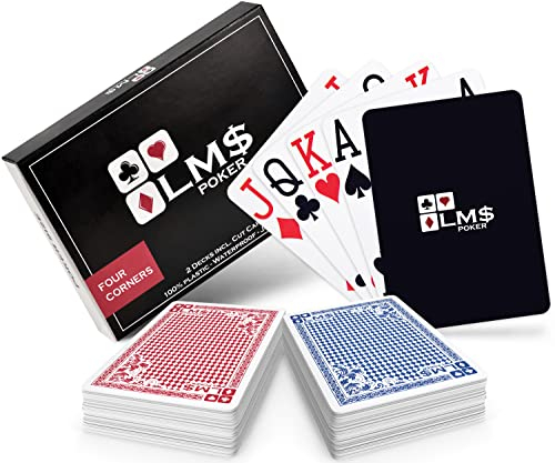LM$ Pokerkarten Plastik Profi 4 Eckzeichen mit Cut Card - [2 x] hochwertige Pokerkarten 54 Blatt - wasserfeste und stabile Spielkarten im Doppelpack – Plastikkarten mit Jumbo Index