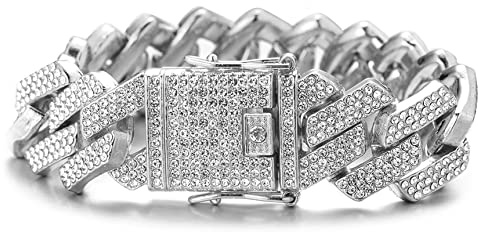 HALUKAKAH Diamant Chaîne en Or pour Hommes Iced Out,20MM Rhombe Éclair Diamants à Trois Rangs Finition Or Blanc Platine Bracelet 18cm,Cz Complet Taille de Diamant Ensemble de Griffes,Cadeau pour Lui