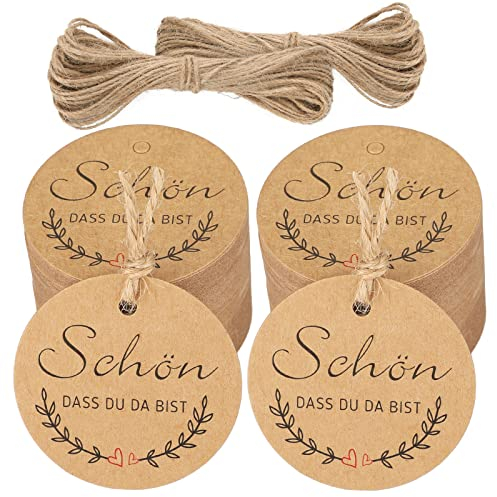 jijAcraft 100 Stück Geschenkanhänger SCHÖN DASS DU DA BIST Anhänger - Kraftpapier Etiketten 6CM - Rund Papieranhänger mit Jute Schnur für Hochzeit Geschenke Basteln (Braun)