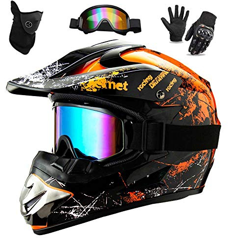 WEITY Motocross Helm Set mit Brille Handschuhe Gesichtsmaske, für Kinder und Erwachsene, Full Face AVT MX Motorradhelm für Downhill Offroad Enduro Scooter Sport tification (Orange,L), DSF