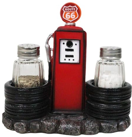 Ebros Gift Vintage Nostalgia Route 66 Highway Stop Old Fashioned Red Gas Pump Station Salt and Pepper Shaker Holder Figurine Cross Country Road Trip Lovers Kitchen Accent
