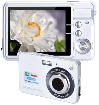 Digitalkamera för Tonåringar, 4K 48 MP Ultra HD Point and Shoot-kamera, 2,7-tums LCD-uppladdningsbar Studentkompaktkamera med 8x Digital Zoom, Minivloggningskameror Present för (Silver)