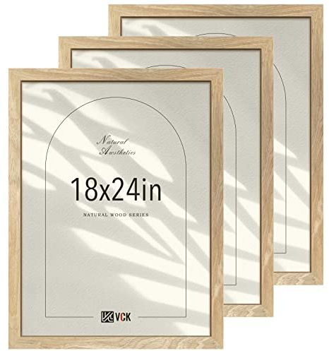 VCK 18x24 Poster Frame Set of 3, Natural Solid Wood Picture Frame with Exclusive Wood Grain, Wall Hanging