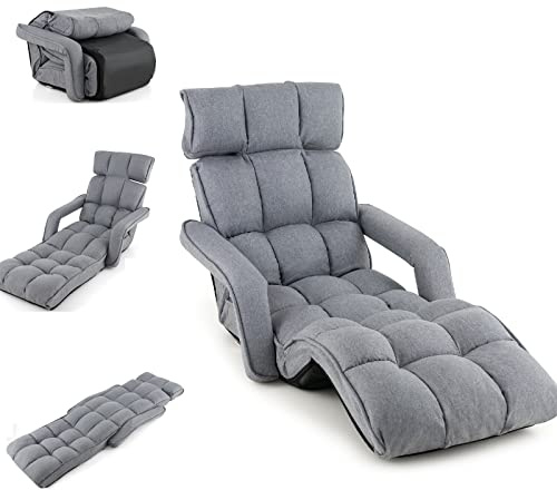 SFAREST Folding Sofa Chair, 6 Positions Adjustable Floor Lazy Chair with Armrest, Single Lounger Sleeper Reclining Seat for Living Room Bedroom Office