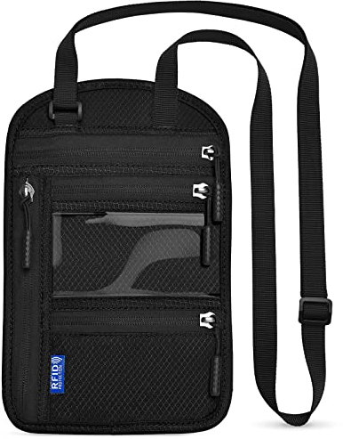 Yordawn Brustbeutel Brusttasche Herren Dame mit RFID-Schutz Wasserdicht Reisegeldbeutel Reise Sicherheitstasche mit Verstellbarem Halsriemen für Bargeld Karten Schlüssel und Reisepass, Schwarz