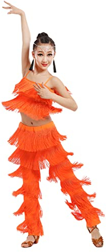 CRETUAO 2-teiliges Latein-Standardtanz-Kostüm-Set für Mädchen, Quaste, Camisole, Fransenhose, modernes Salsa-Wettkampf-Performance-Kleid,Orange Yellow,3XL