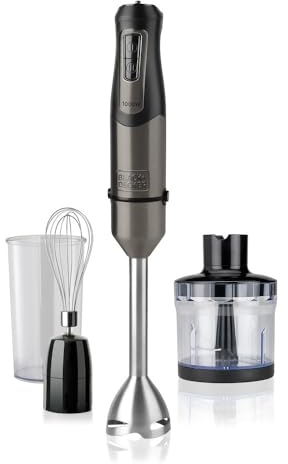 Black+Decker BXHBA1200E Batidora de Mano, de 1200W, 20 Velocidades y Turbo, Cuchillas de Acero Inoxidable de 4 Filos, Antisalpicaduras, Ligera y Ergonómica, Set Completo de Accesorios