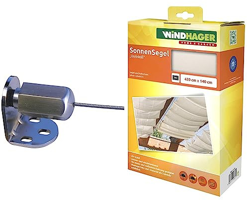 Windhager Montageset InoxLine aus Edelstahl für Sonnensegel & Sonnensegel für Seilspanntechnik, Wintergarten und Terrassen Beschattung, Seilspannmarkise, 420 x 140 cm, Uni Weiß, 10872
