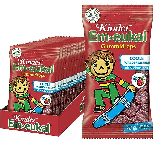 Kinder Em-eukal Gummidrops Coole Walderdbeere, Zuckerhaltig mit 5 Vitaminen, Walderdbeere-Honig 15er Pack (15 x 75 g Packung)