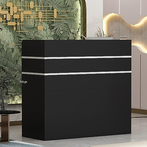 PREMTURE Comptoir de Réception Secrétaire et Magasin - Meuble de Bureau 3 Tiroirs 1 Armoire 110x120x48 cm Noir