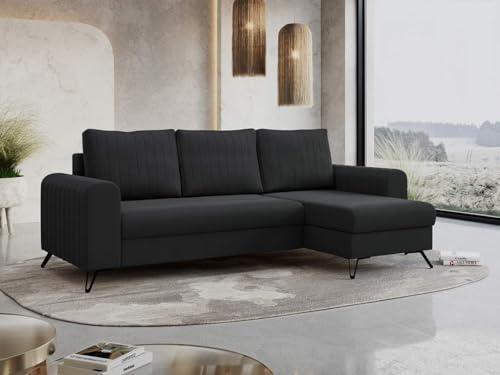 MKS MEBLE Wohnlandschaft Axel – Ecksofa L-Form universal, beidseitig montierbar (Links/rechts), Schlafsofa mit Bettkasten und Schlaffunktion, Couch mit Schlaffläche - Dunkelgrau Samt (Letto 99)