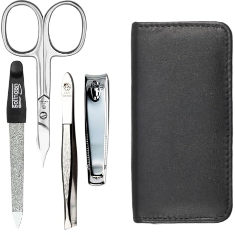 Hans Kniebes Maniküre Set 4-teilig Schwarz – Reise Nagelpflege Set für Damen & Herren – Profi Edelstahl Nagelschere, Nagelknipser, Feile & Pinzette – Echtes Nappa Leder Etui – Pediküre Set