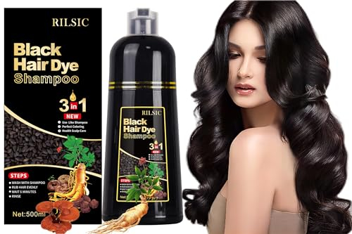 RILSIC Shampoo Colorante Nero Donna Uomo, 500ML Shampoo Colorante Capelli Bianchi, Black Hair Dye 3 in 1, Tintura per Capelli Bianchi Istantaneo, Colore e Duratura, Tinta Capelli per Uomini Donne