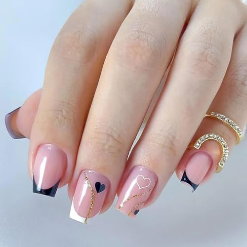 Ceboic French Press on Nails Short, 24Pcs Square Black Love Heart False Nails, Artificial Fake Nails with Gold Lines, Natural Full Cover Acrylic Stick on Nail for Women Girls DIY Manicure
