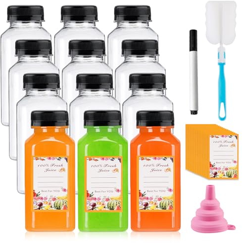 MEYAGOT Lot de 12 Bouteilles à Remplir, 250 ml, Mini Bouteilles à Liqueur, Réutilisables, en Plastique, pour Jus et Smoothies