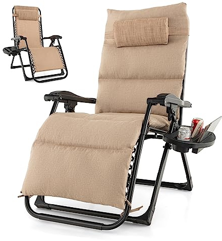 COSTWAY Folding Zero Gravity Chair with Removable Cushion, Cup Holder and Headrest Pillow, Adjustable Patio Sun Lounger Deck Chair, Outdoor Recliner Garden Chairs Camping Seat, Support 200KG (Beige)