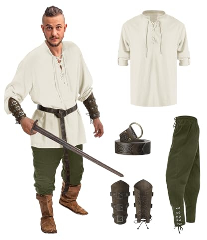 Mymyguoe Mittelalter Kleidung Herren Set 5 Stück Renaissance Kostüm Set Leinenhemd Viking Kostüm Schnürhemd Piratenhemd, Mittelalter Hose mit Knöchelriemen, Gürtel, Handgelenkschützer Zubehör