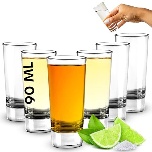 volila Shotgläser - 6 x 9 cl Klare Kleine Schnapsgläser Set mit schwerem Boden - Ideale Tequila Gläser, Vodka Gläser, Pinnchen, Stamperlgläser für Schnaps, Jägermeister, Korn