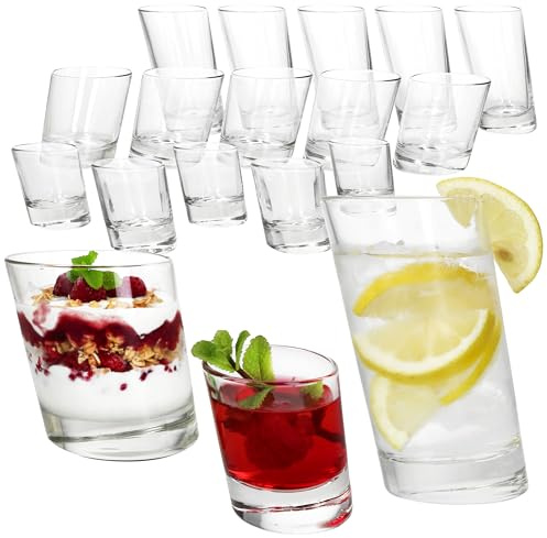 MamboCat Lot de 18 verres Pisa - 6 verres à long drink de 270 ml, 6 verres à whisky de 250 ml et 6 verres à liqueur de 4 cl - 6 personnes - Verres obliques avec fond lourd