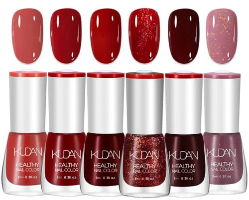 DMQ Red Nail Polish Set, 6Pcs Poinsettia Dark Red Burgundy Red Purple Glitter Nail Varnish Kit - Non-Toxic Water Based Holographic Nail Gel - Nail Paint Nail Art Manicure Kit Gifts for Women