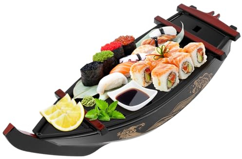 NZWBSHSSP Sushi Serving Tray Reusable Plastic Sushi Boat Serving Plate Japanese Style Sushi Tray Decorative Detachable Sushi Serving Platter for Home Kitchen Restaurant Buffet Party(Black)